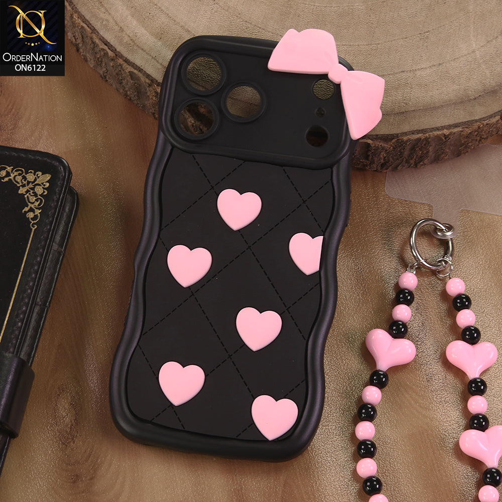 iPhone 17 Pro Max Cover  - Black - 3D Pink Heart with Bow-Knot Design Soft Protective Case With Phone Charm