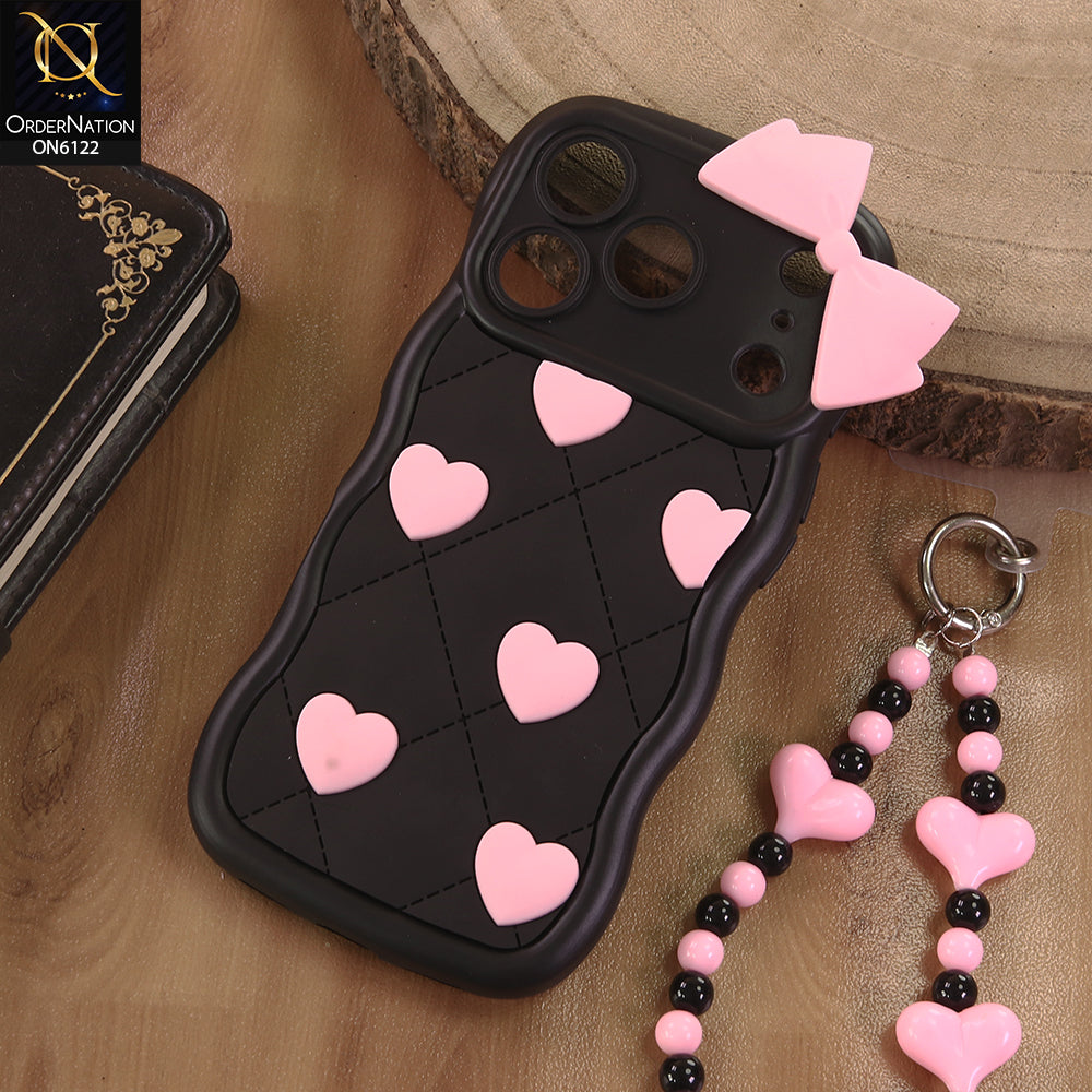 iPhone 17 Pro Cover  - Black - 3D Pink Heart with Bow-Knot Design Soft Protective Case With Phone Charm