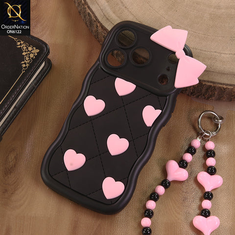 iPhone 17 Pro Cover  - Black - 3D Pink Heart with Bow-Knot Design Soft Protective Case With Phone Charm