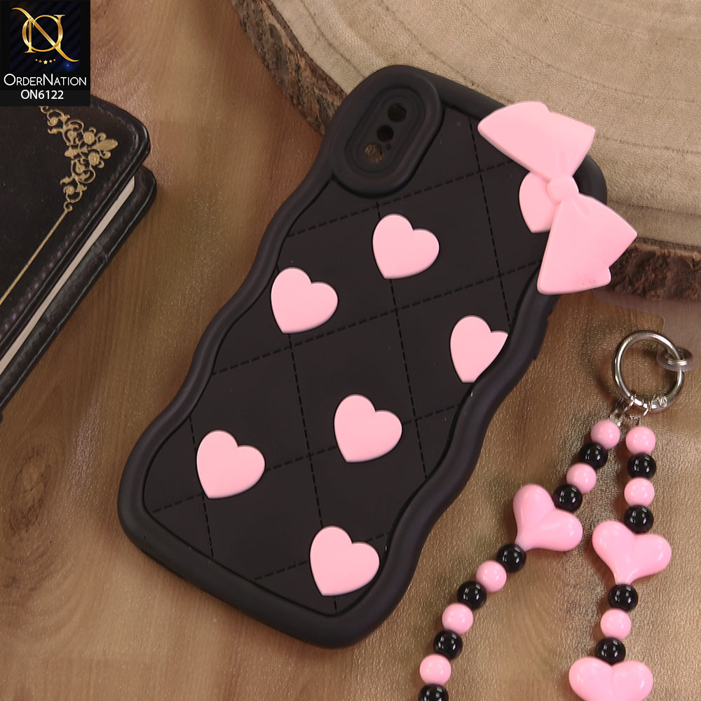 iPhone XS / X Cover  - Black - 3D Pink Heart with Bow-Knot Design Soft Protective Case With Phone Charm