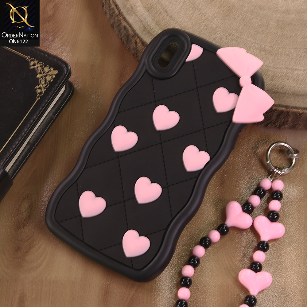 iPhone XS Max Cover  - Black - 3D Pink Heart with Bow-Knot Design Soft Protective Case With Phone Charm