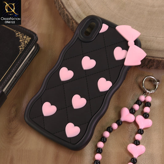iPhone XS Max Cover  - Black - 3D Pink Heart with Bow-Knot Design Soft Protective Case With Phone Charm