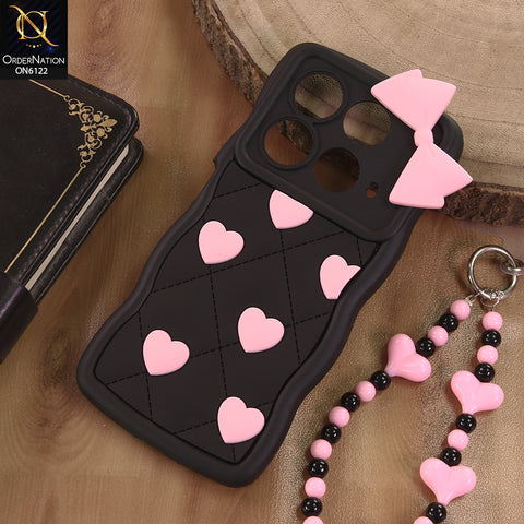 Infinix Note 40 Cover  - Black - 3D Pink Heart with Bow-Knot Design Soft Protective Case With Phone Charm