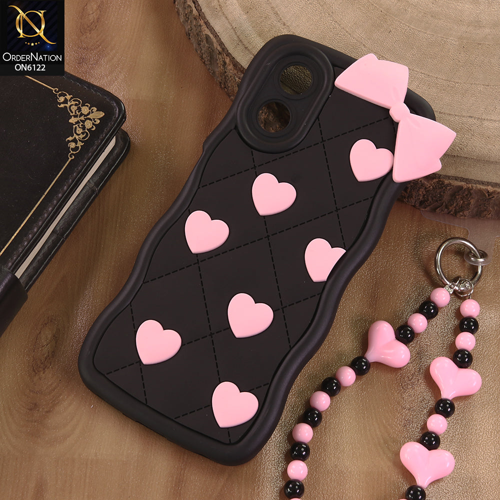 Oppo A38 Cover  - Black - 3D Pink Heart with Bow-Knot Design Soft Protective Case With Phone Charm