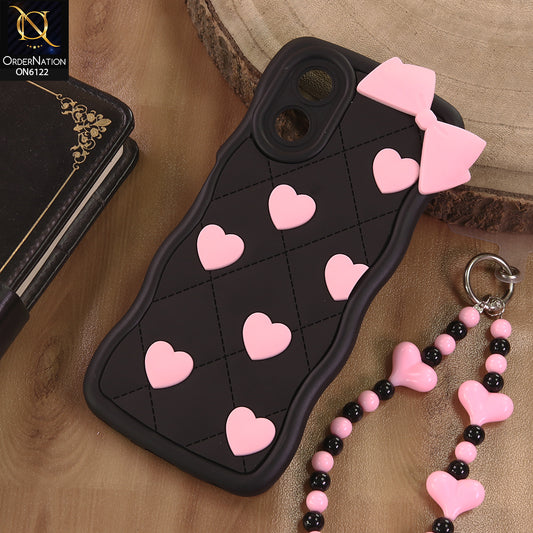 Oppo A18 Cover  - Black - 3D Pink Heart with Bow-Knot Design Soft Protective Case With Phone Charm