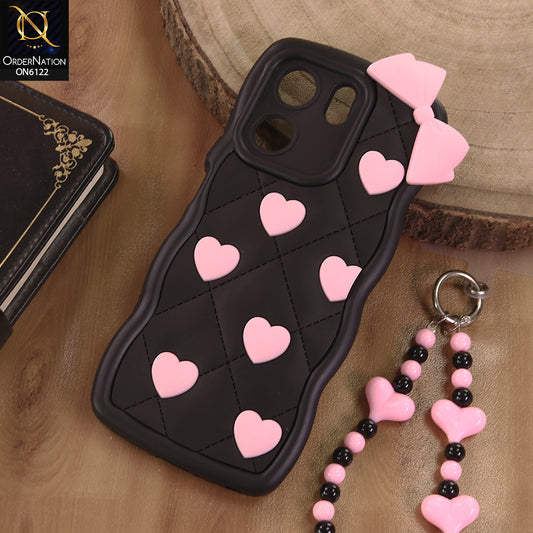 Oppo A5x 4G Cover  - Black - 3D Pink Heart with Bow-Knot Design Soft Protective Case With Phone Charm