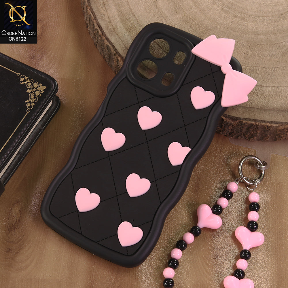 Oppo K14x Cover  - Black - 3D Pink Heart with Bow-Knot Design Soft Protective Case With Phone Charm
