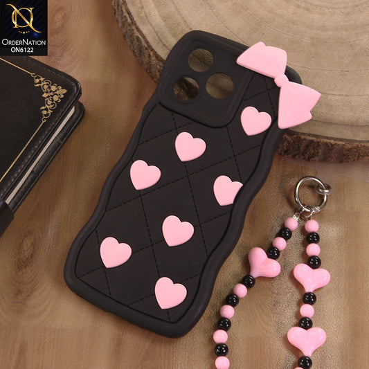 Realme C51 Cover  - Black - 3D Pink Heart with Bow-Knot Design Soft Protective Case With Phone Charm