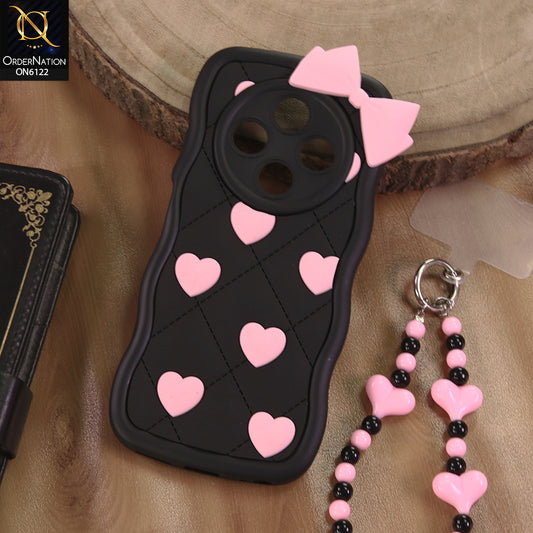 Xiaomi Redmi 14C Cover  - Black - 3D Pink Heart with Bow-Knot Design Soft Protective Case With Phone Charm