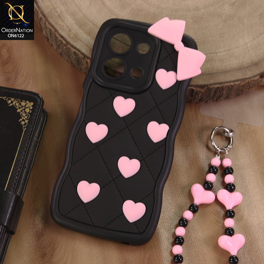 Xiaomi Redmi 15C 4G Cover  - Black - 3D Pink Heart with Bow-Knot Design Soft Protective Case With Phone Charm