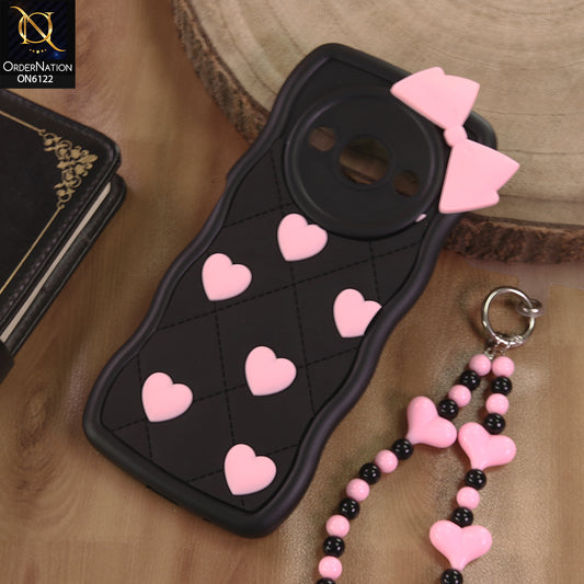 Xiaomi Redmi A3 Cover  - Black - 3D Pink Heart with Bow-Knot Design Soft Protective Case With Phone Charm