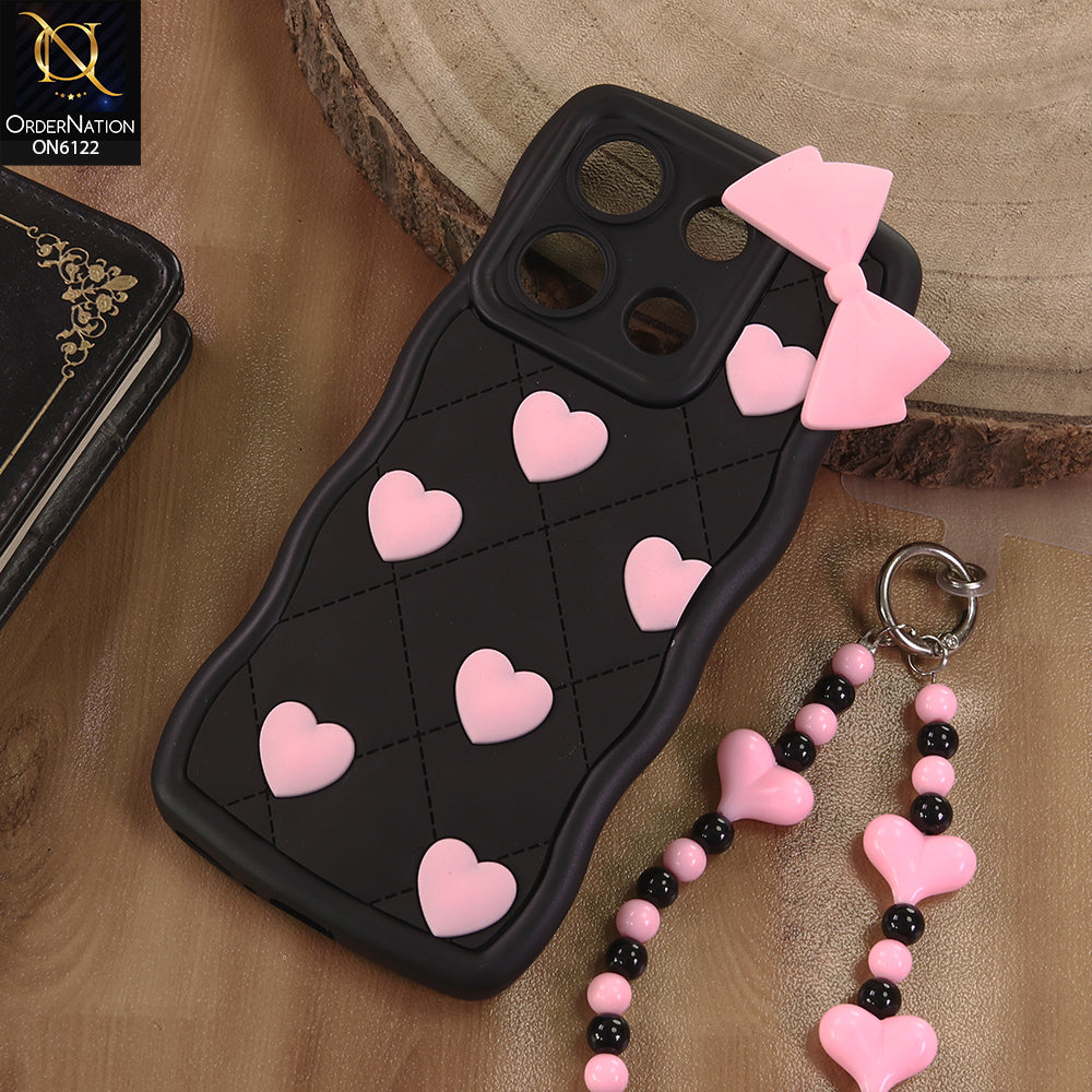 Xiaomi Redmi Note 13 Cover  - Black - 3D Pink Heart with Bow-Knot Design Soft Protective Case With Phone Charm