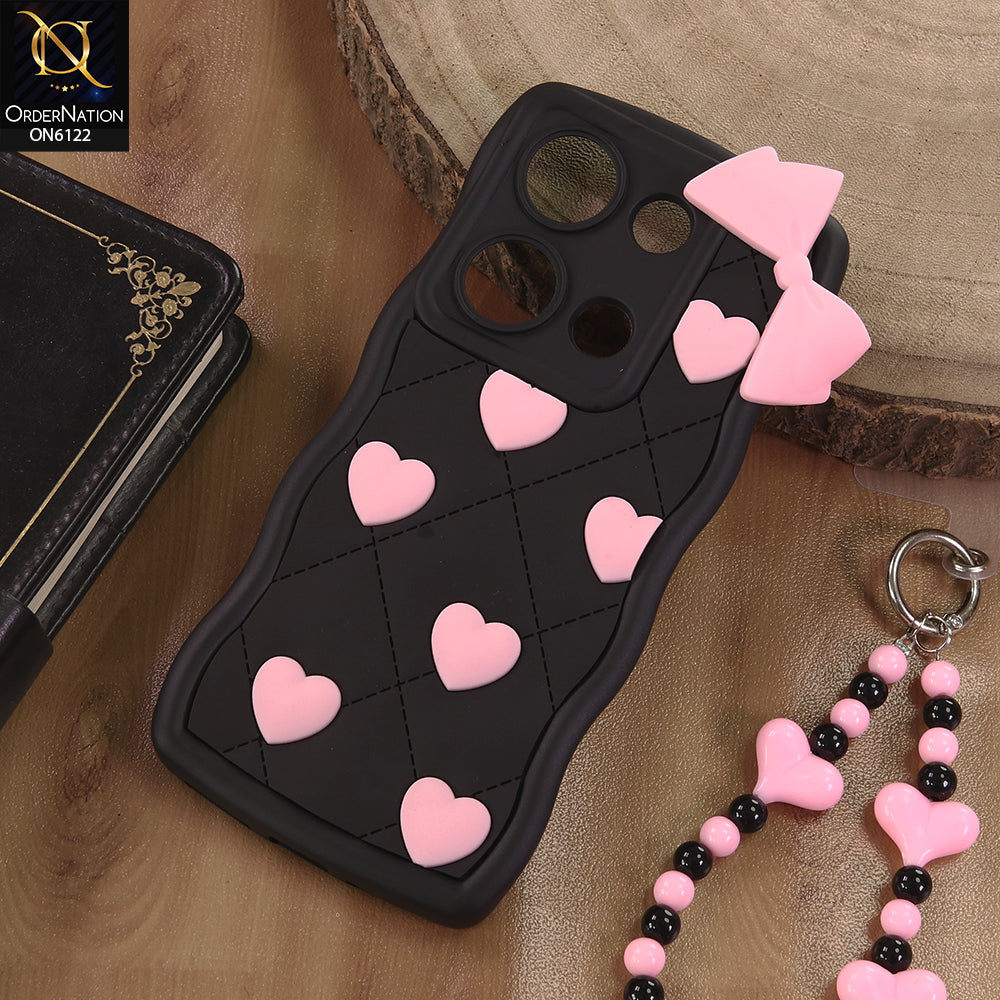 Xiaomi Redmi Note 13 Pro 4G Cover  - Black - 3D Pink Heart with Bow-Knot Design Soft Protective Case With Phone Charm