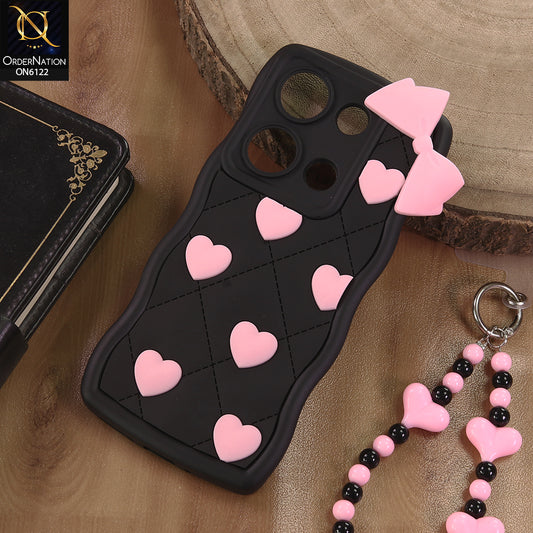 Xiaomi Poco M6 Pro 4G Cover  - Black - 3D Pink Heart with Bow-Knot Design Soft Protective Case With Phone Charm