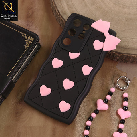 Samsung Galaxy S23 Ultra 5G Cover  - Black - 3D Pink Heart with Bow-Knot Design Soft Protective Case With Phone Charm