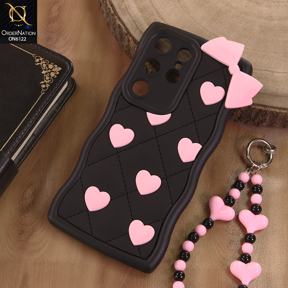 Samsung Galaxy S24 Ultra Cover  - Black - 3D Pink Heart with Bow-Knot Design Soft Protective Case With Phone Charm