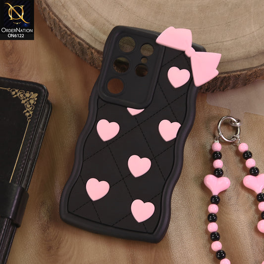Samsung Galaxy S25 Ultra Cover  - Black - 3D Pink Heart with Bow-Knot Design Soft Protective Case With Phone Charm