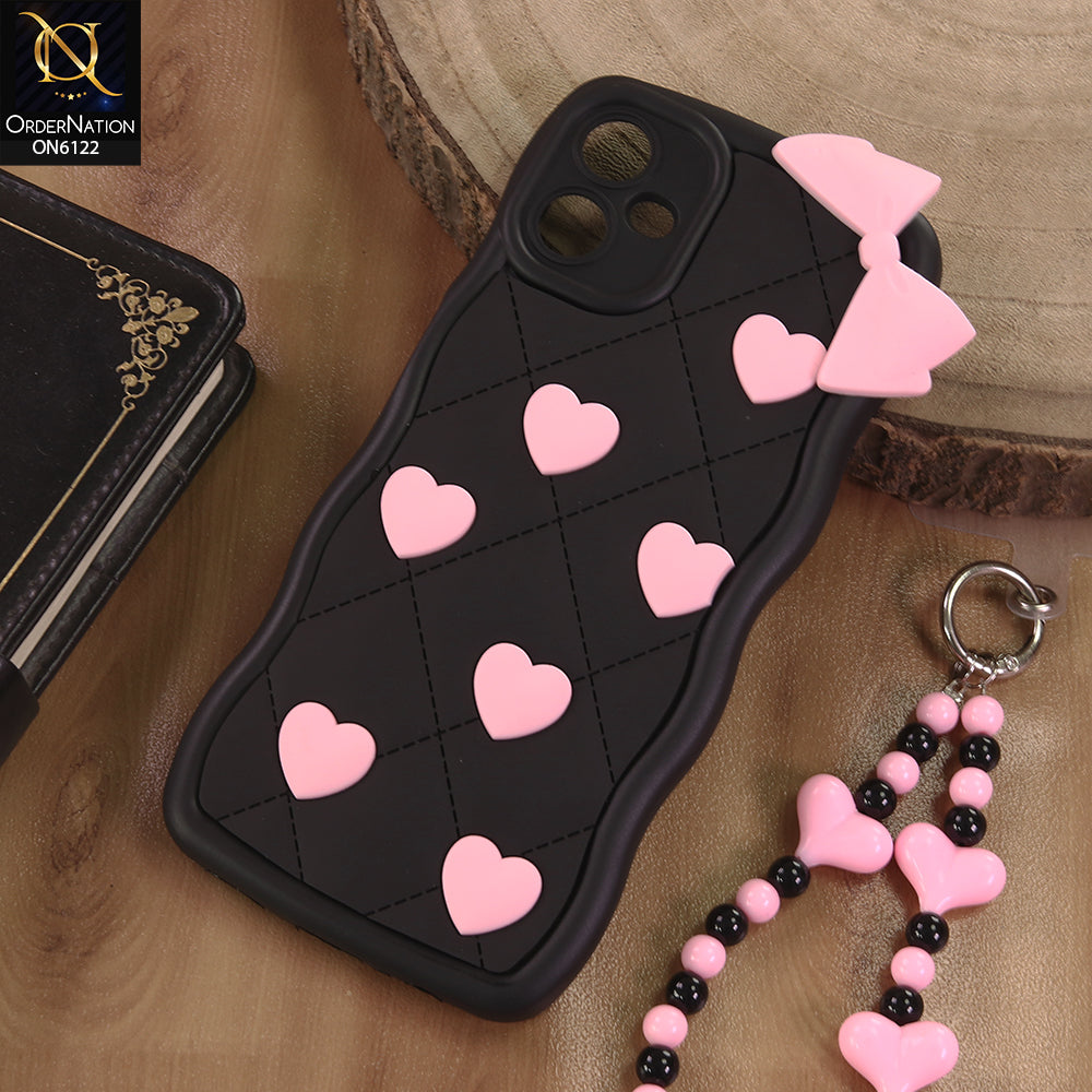 Samsung Galaxy A06 Cover  - Black - 3D Pink Heart with Bow-Knot Design Soft Protective Case With Phone Charm