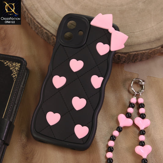 Samsung Galaxy A07 4G Cover  - Black - 3D Pink Heart with Bow-Knot Design Soft Protective Case With Phone Charm