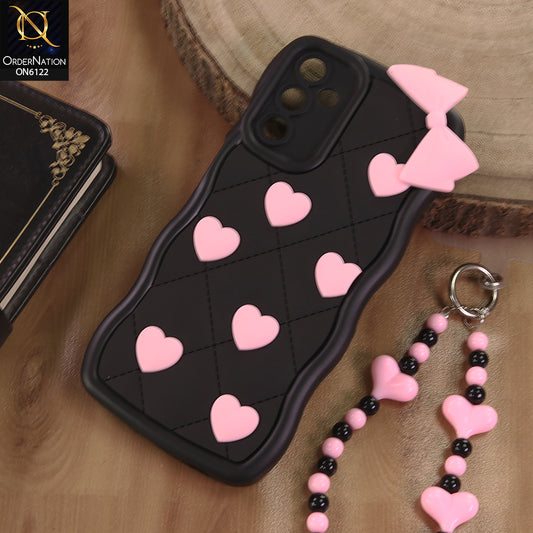 Samsung Galaxy A14 Cover  - Black - 3D Pink Heart with Bow-Knot Design Soft Protective Case With Phone Charm