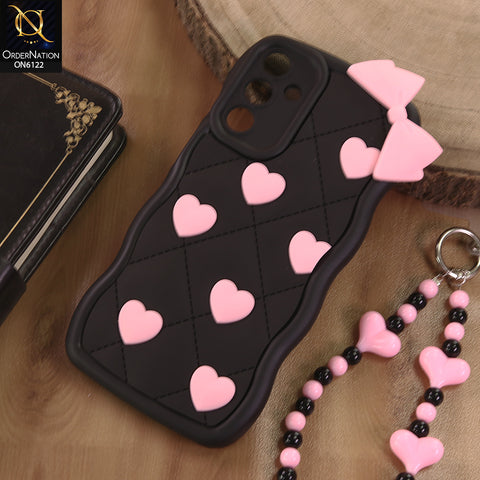 Samsung Galaxy A15 4G Cover  - Black - 3D Pink Heart with Bow-Knot Design Soft Protective Case With Phone Charm