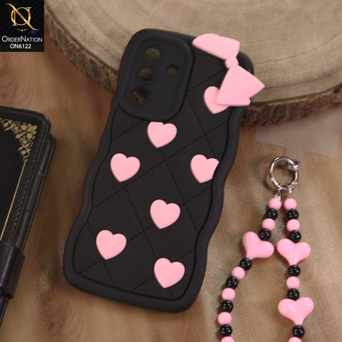 Samsung Galaxy F17 Cover  - Black - 3D Pink Heart with Bow-Knot Design Soft Protective Case With Phone Charm