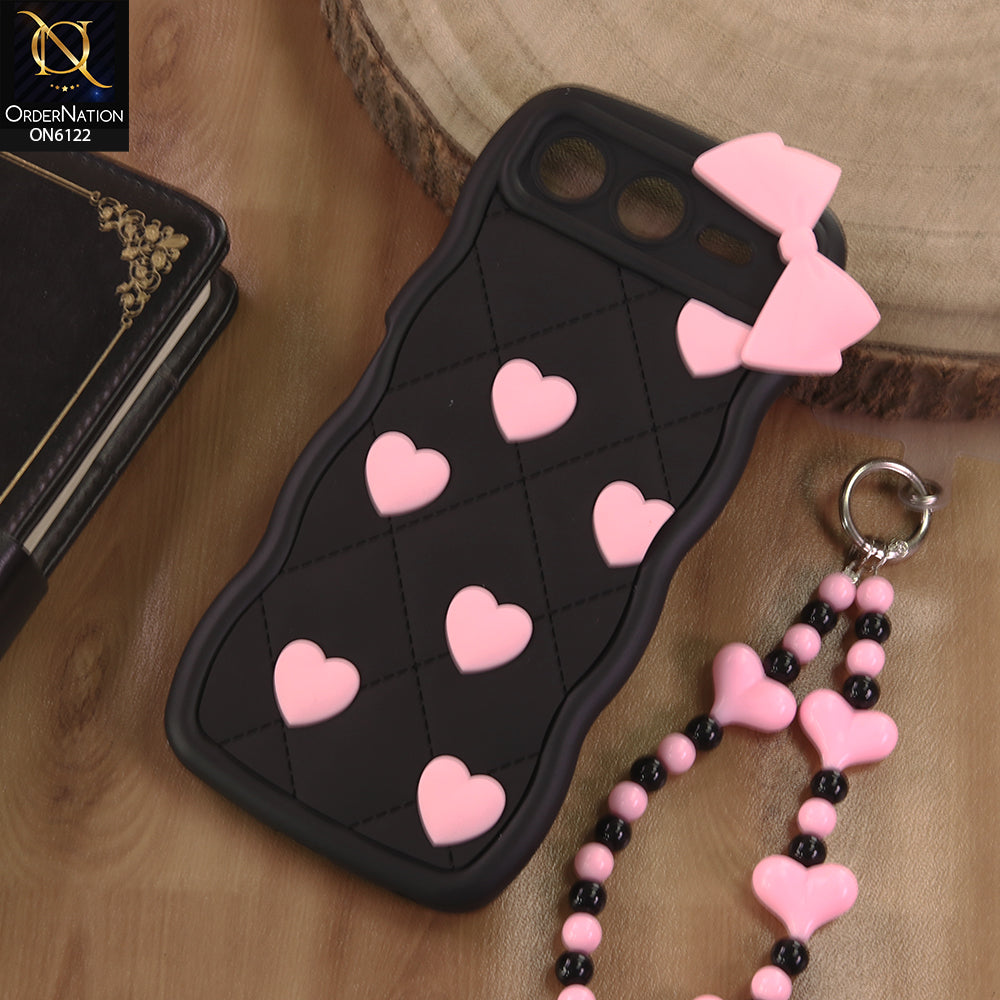 Infinix Smart 10 Plus Cover  - Black - 3D Pink Heart with Bow-Knot Design Soft Protective Case With Phone Charm