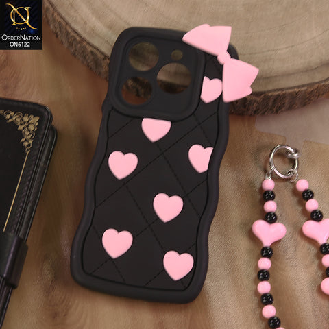 Itel P55 4G Cover  - Black - 3D Pink Heart with Bow-Knot Design Soft Protective Case With Phone Charm