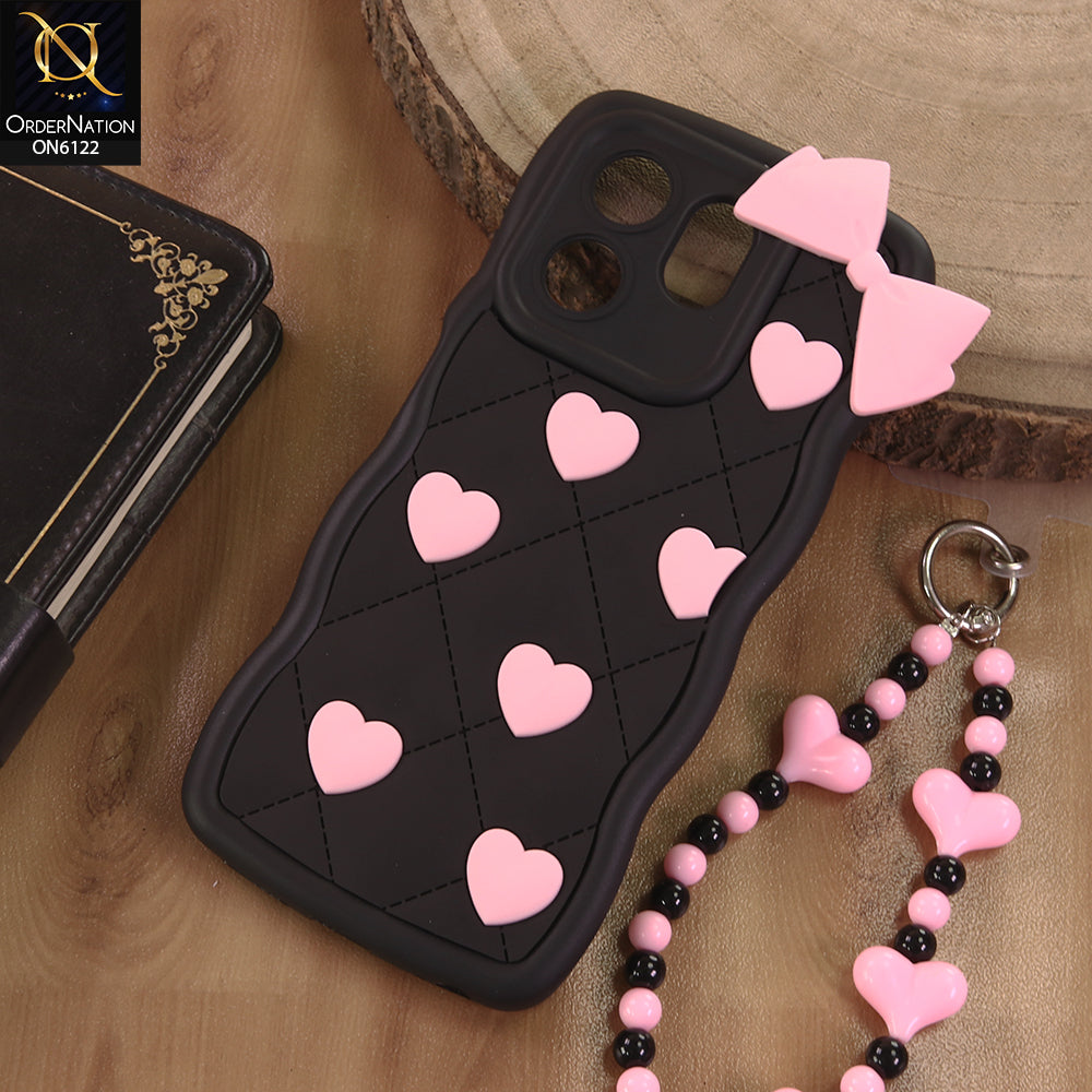 Infinix Smart 9 HD Cover  - Black - 3D Pink Heart with Bow-Knot Design Soft Protective Case With Phone Charm