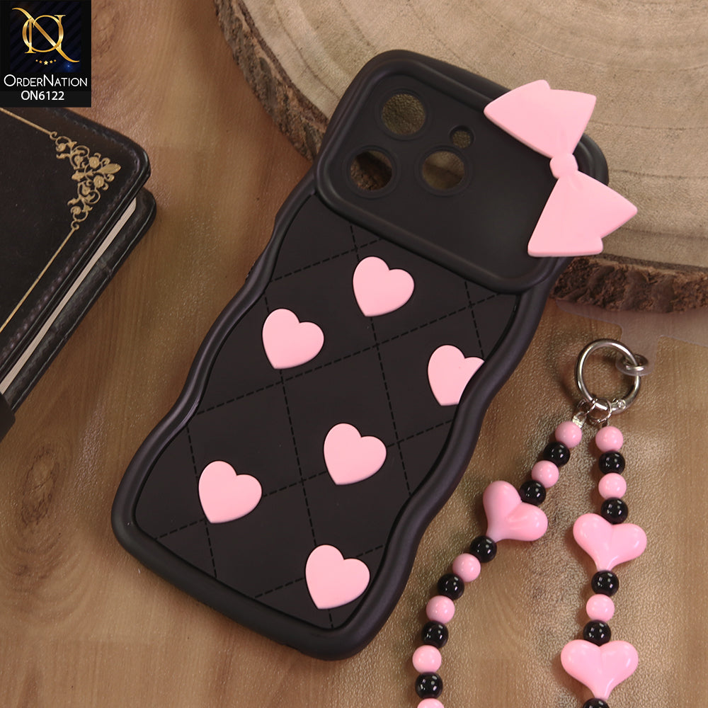 Tecno Spark 40 Cover  - Black - 3D Pink Heart with Bow-Knot Design Soft Protective Case With Phone Charm