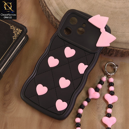 Tecno Spark 40 Cover  - Black - 3D Pink Heart with Bow-Knot Design Soft Protective Case With Phone Charm
