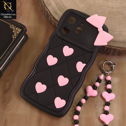 Tecno Spark 40 Cover  - Black - 3D Pink Heart with Bow-Knot Design Soft Protective Case With Phone Charm