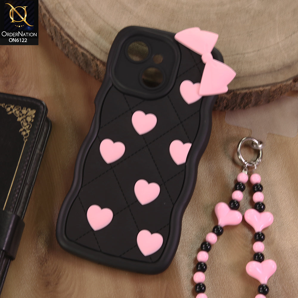 Tecno Spark 40C Cover  - Black - 3D Pink Heart with Bow-Knot Design Soft Protective Case With Phone Charm