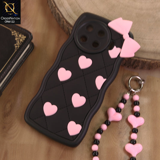Tecno Spark 40 Pro Cover  - Black - 3D Pink Heart with Bow-Knot Design Soft Protective Case With Phone Charm