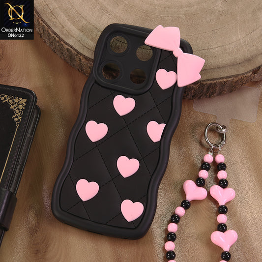 Tecno Spark Go 2023 Cover  - Black - 3D Pink Heart with Bow-Knot Design Soft Protective Case With Phone Charm
