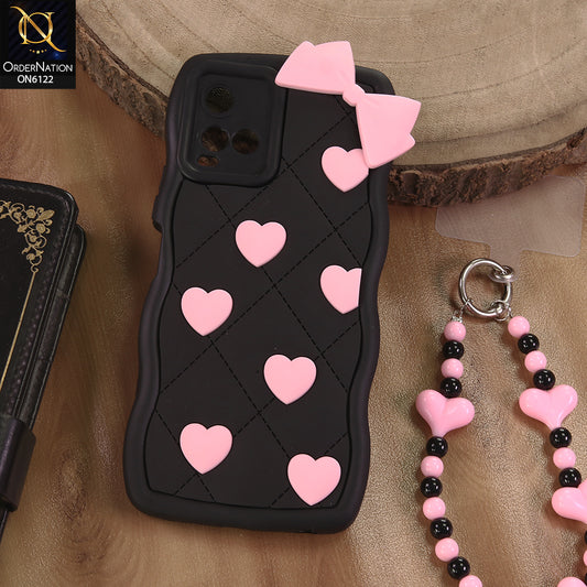 Vivo Y21 Cover  - Black - 3D Pink Heart with Bow-Knot Design Soft Protective Case With Phone Charm