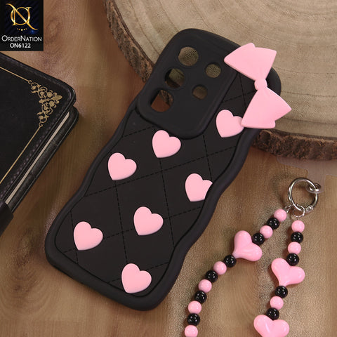 Vivo Y29 4G Cover  - Black - 3D Pink Heart with Bow-Knot Design Soft Protective Case With Phone Charm