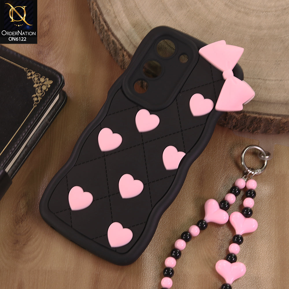 Vivo Y29s Cover  - Black - 3D Pink Heart with Bow-Knot Design Soft Protective Case With Phone Charm