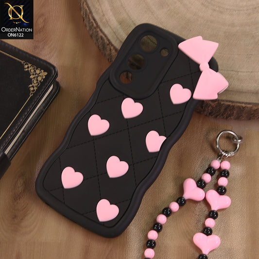 Vivo Y19 Cover  - Black - 3D Pink Heart with Bow-Knot Design Soft Protective Case With Phone Charm