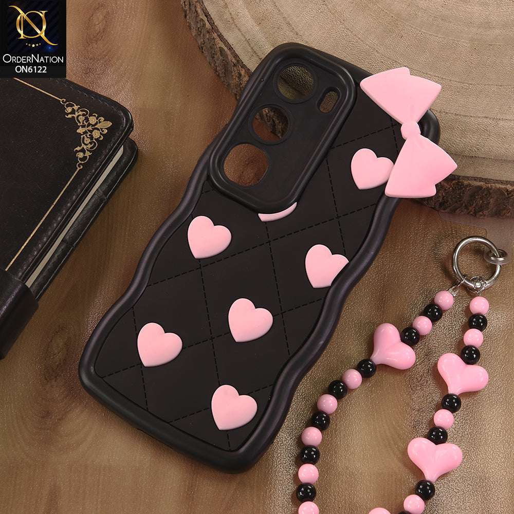 Vivo V40 Lite (IDN) Cover  - Black - 3D Pink Heart with Bow-Knot Design Soft Protective Case With Phone Charm