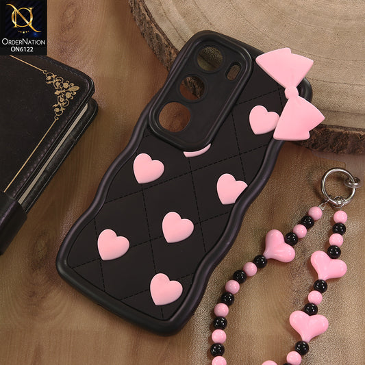 Vivo Y200 4G Cover  - Black - 3D Pink Heart with Bow-Knot Design Soft Protective Case With Phone Charm