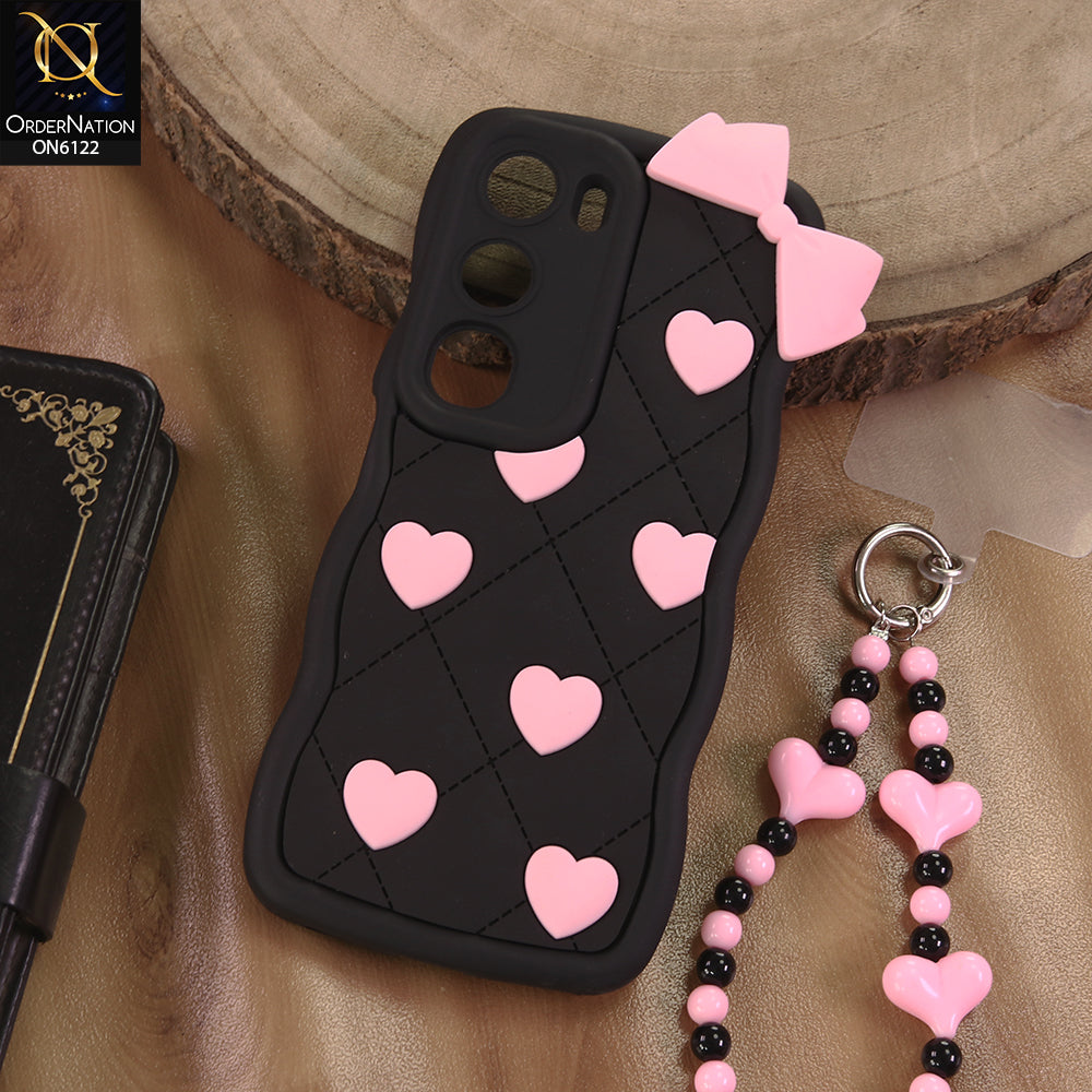 Vivo Y31 5G Cover  - Black - 3D Pink Heart with Bow-Knot Design Soft Protective Case With Phone Charm