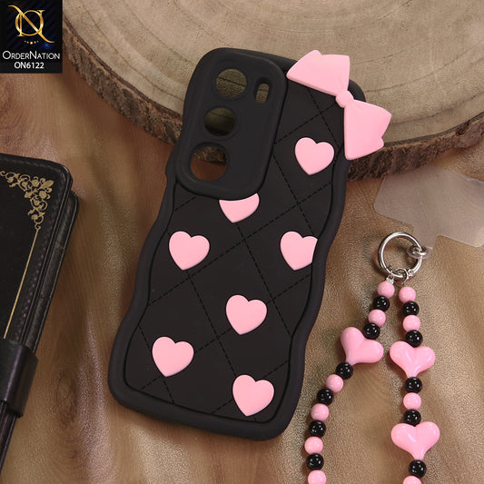 Vivo Y21d Cover  - Black - 3D Pink Heart with Bow-Knot Design Soft Protective Case With Phone Charm