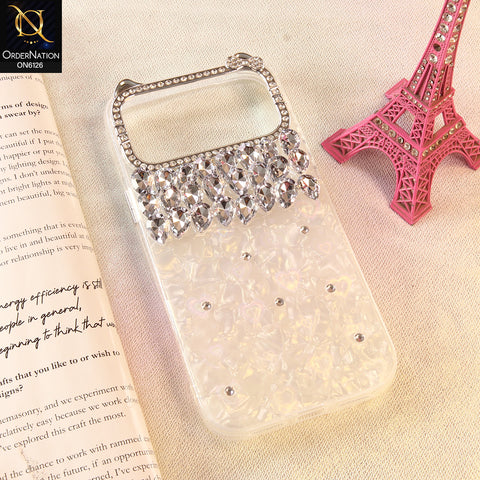 iPhone 17 Pro Max Cover - White - Luxury Rhinestone Diamond Mobile Cover Featuring Built-in Vanity Mirror and Sparkling Hanging Crystals