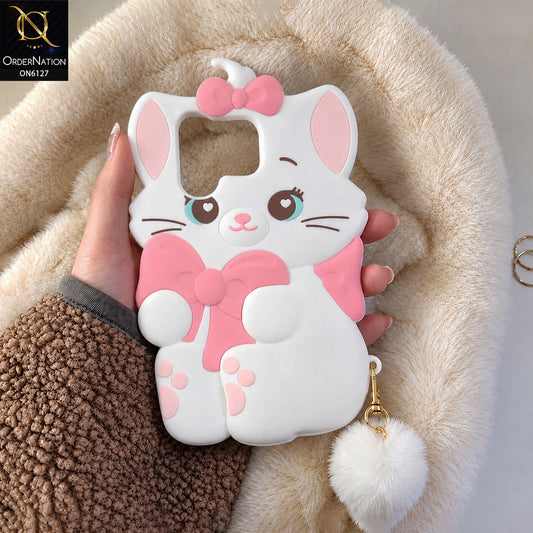 Infinix Hot 40 Pro Cover - White - Premium 3D Cartoon Character Soft Silicone Mobile Cover with Cute Pink Bow & Pom Pom Tail
