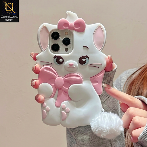 iPhone 12 Pro Max Cover - White - Premium 3D Cartoon Character Soft Silicone Mobile Cover with Cute Pink Bow & Pom Pom Tail