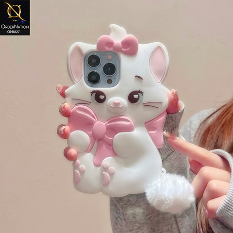 iPhone 13 Pro Max Cover - White - Premium 3D Cartoon Character Soft Silicone Mobile Cover with Cute Pink Bow & Pom Pom Tail