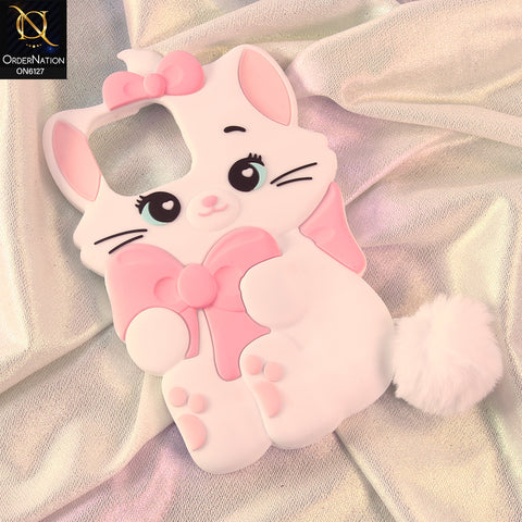 iPhone 13 Pro Max Cover - White - Premium 3D Cartoon Character Soft Silicone Mobile Cover with Cute Pink Bow & Pom Pom Tail