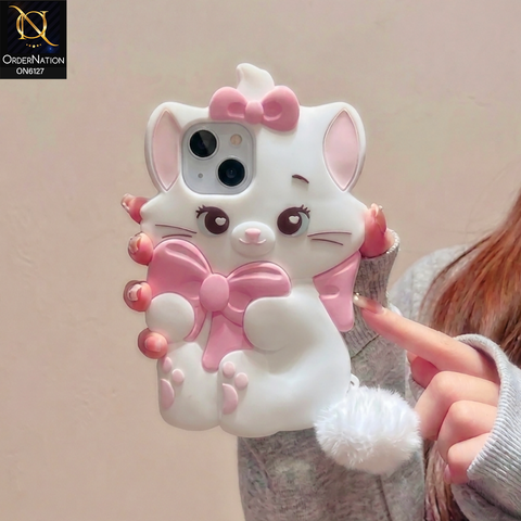 iPhone 14 Cover - White - Premium 3D Cartoon Character Soft Silicone Mobile Cover with Cute Pink Bow & Pom Pom Tail