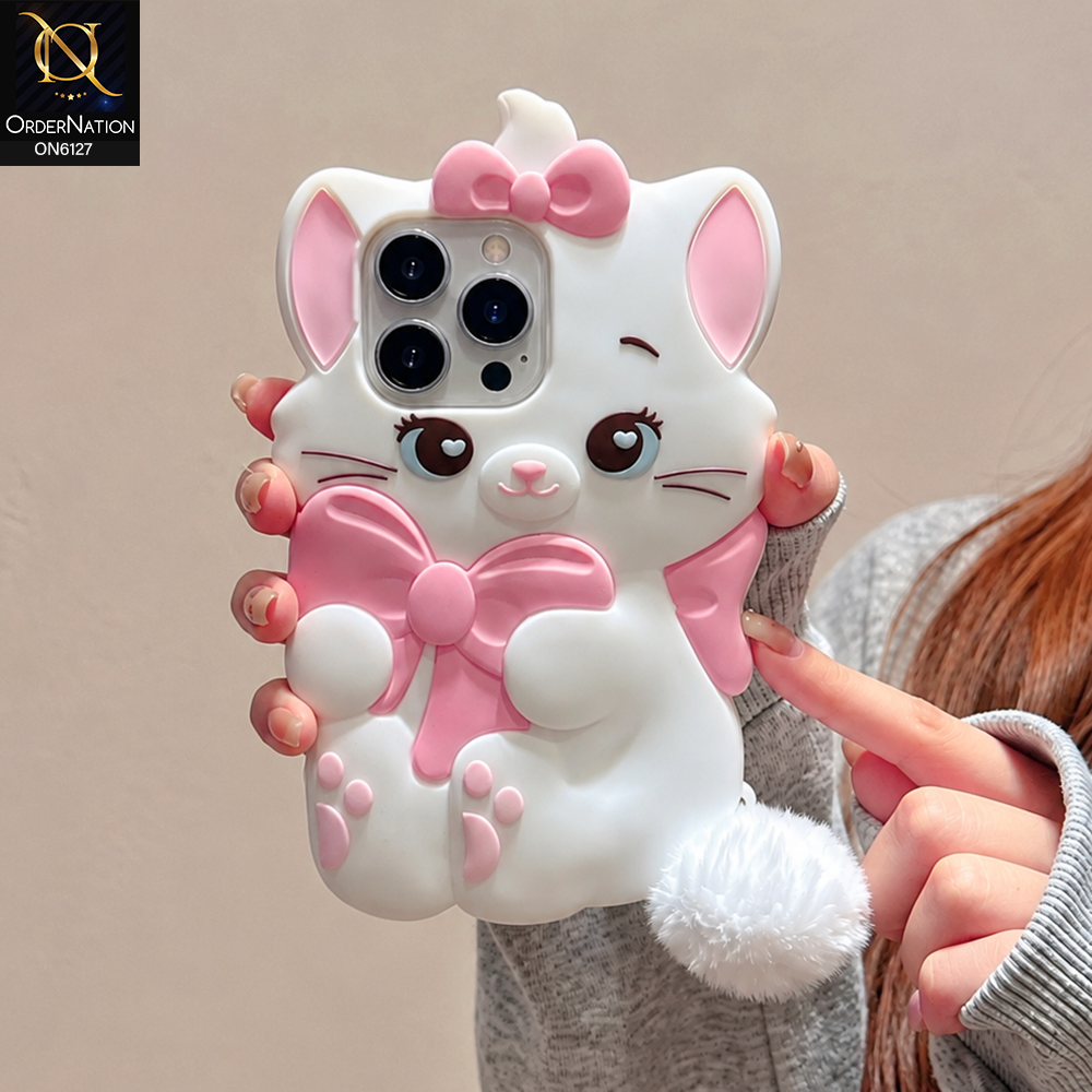 iPhone 14 Pro Cover - White - Premium 3D Cartoon Character Soft Silicone Mobile Cover with Cute Pink Bow & Pom Pom Tail